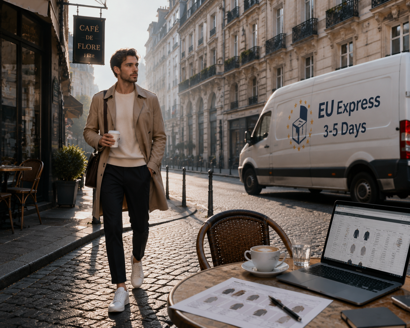 Professional woman with leather tote bag walking in European city, EU express delivery van in background Professional woman with leather tote bag walking in European city, EU express delivery van in background