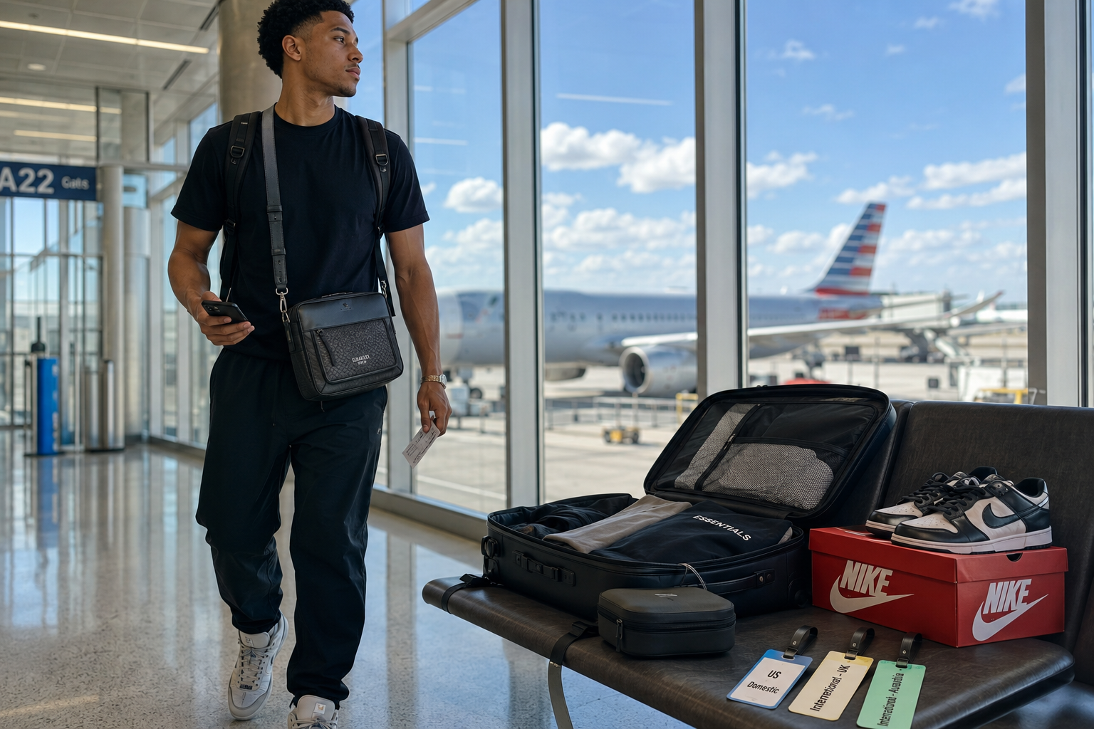 Traveler with backpack and crossbody bag at airport with US UK Australia luggage tags and Nike shoe box Traveler with backpack and crossbody bag at airport with US UK Australia luggage tags and Nike shoe box