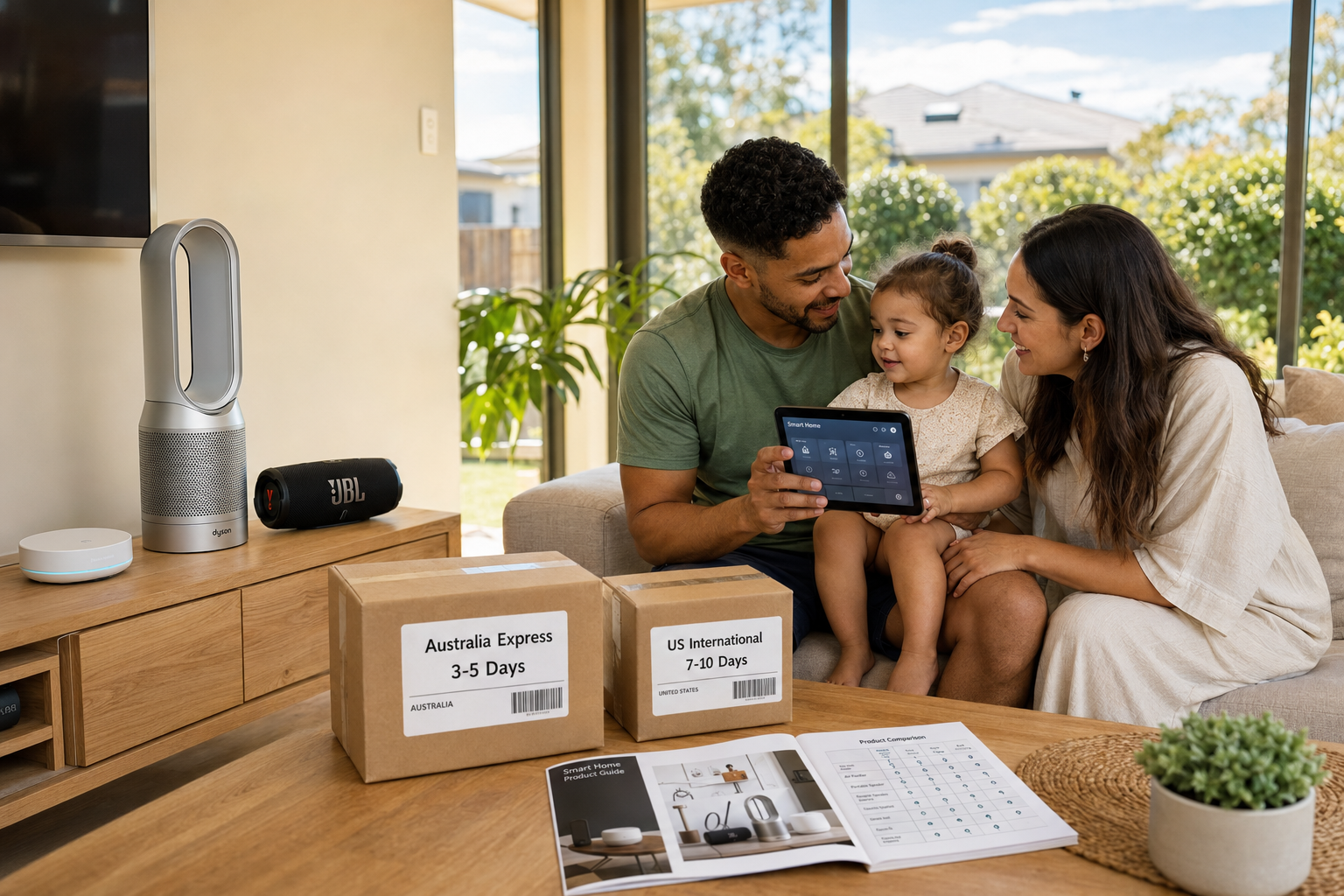 Family in living room with Dyson air purifier JBL speaker and smart home devices, Australia US shipping